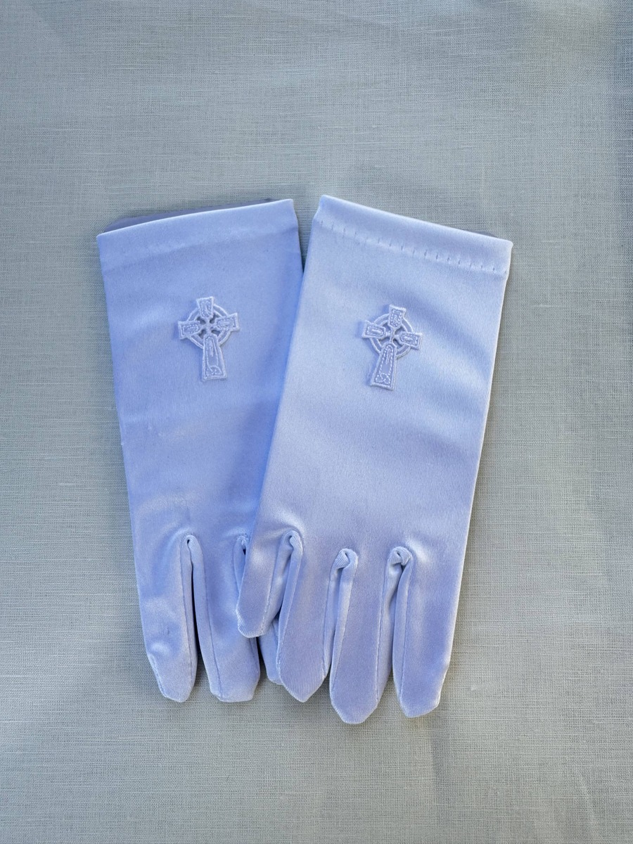 First Communion White satin gloves w/Celtic Cross